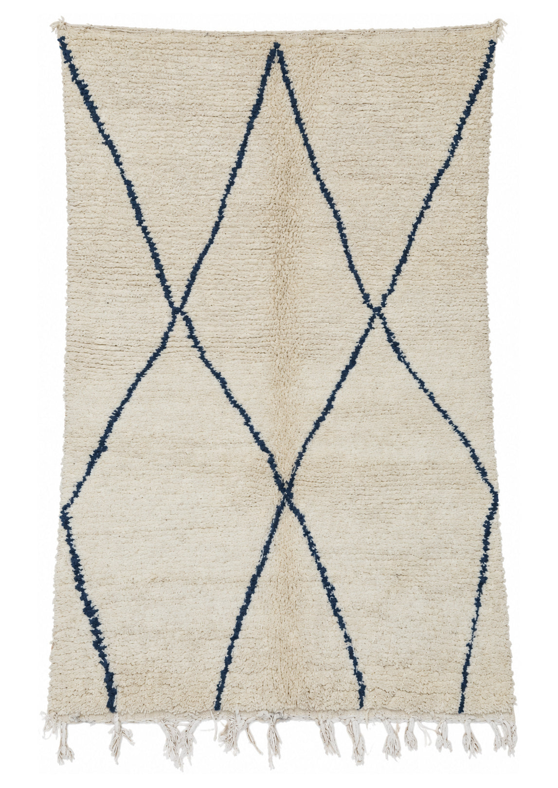 Full view of Cream Vintage Beni Ourain Rug with Open Dark Diamonds, 258 × 160 cm.