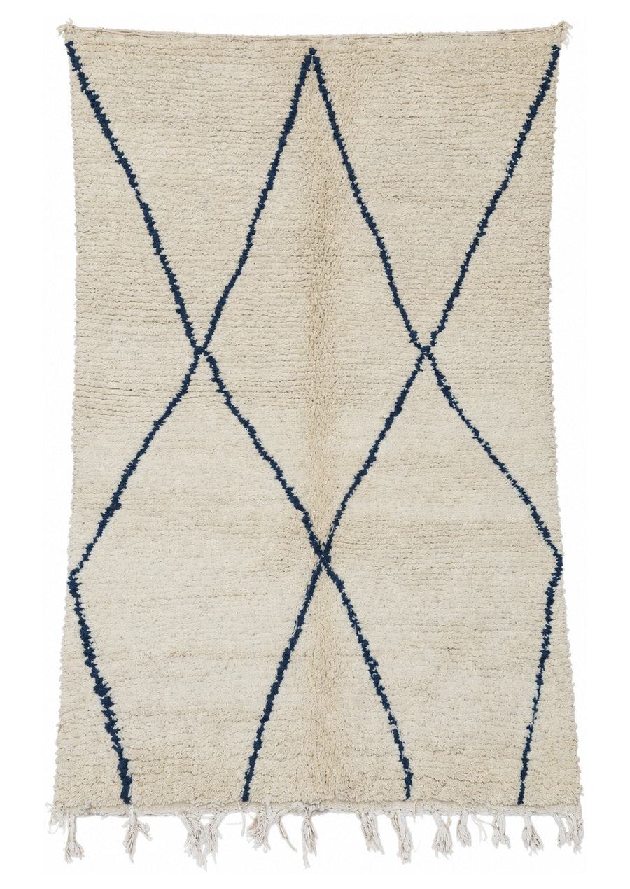 Full view of Cream Vintage Beni Ourain Rug with Open Dark Diamonds, 258 × 160 cm.