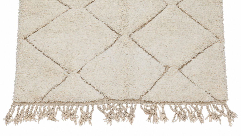 Fringe and edge detail of Cream and Taupe Vintage Beni Ourain Rug with Fine Diamonds, 250 × 162 cm.