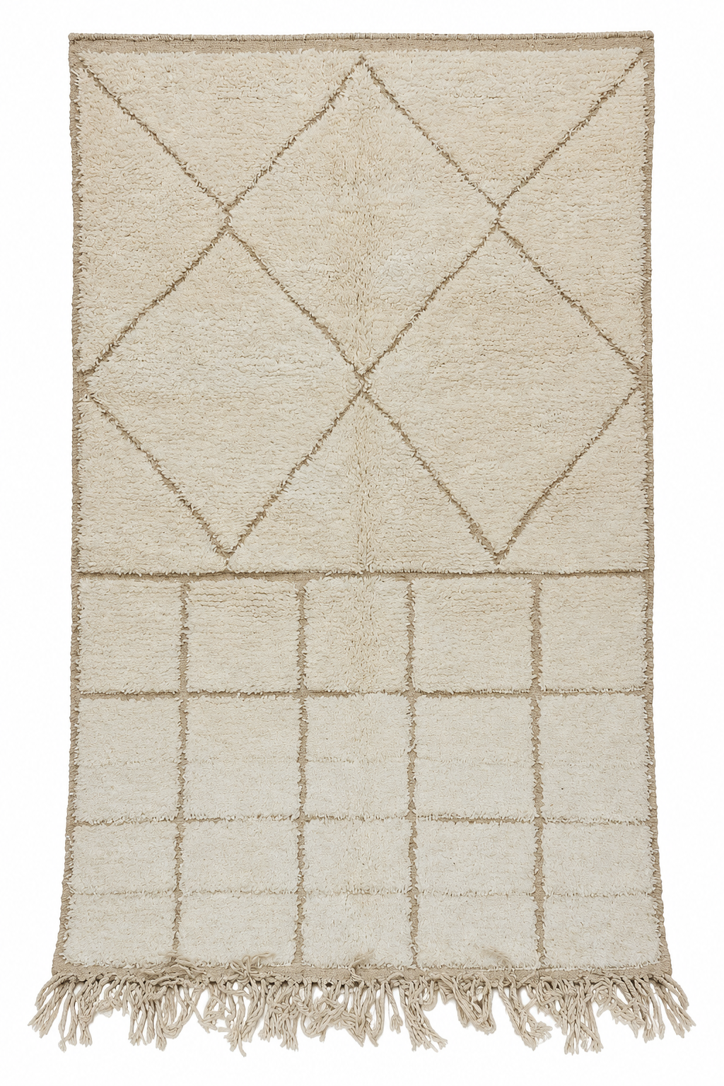 Cream and Taupe Vintage Beni Ourain Rug with Diamonds and Grid, 254 × 150 cm.