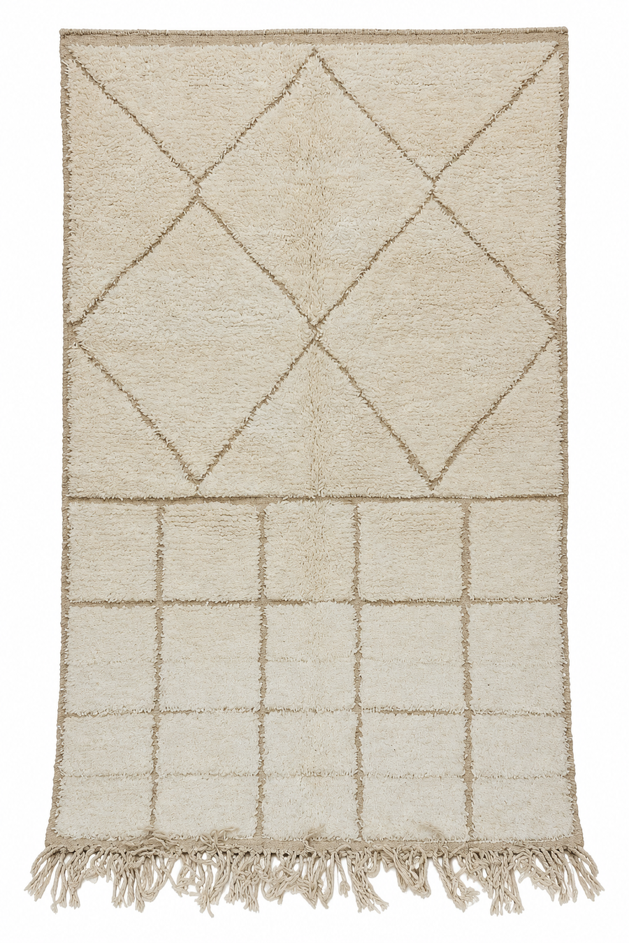 Cream and Taupe Vintage Beni Ourain Rug with Diamonds and Grid, 254 × 150 cm.