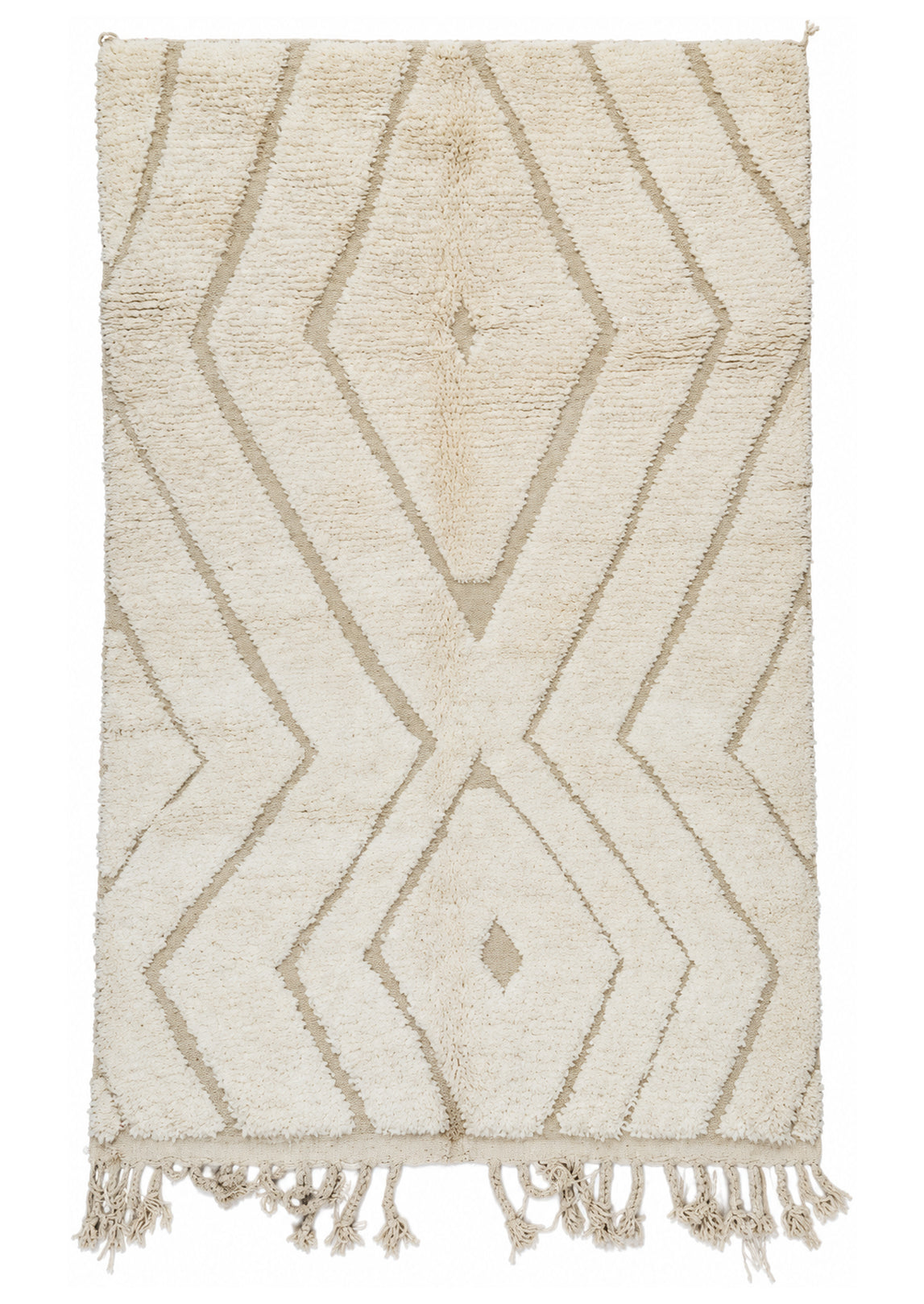 Cream and Taupe Vintage Beni Ourain Rug with Diamonds and Zigzags, 237 × 150 cm.
