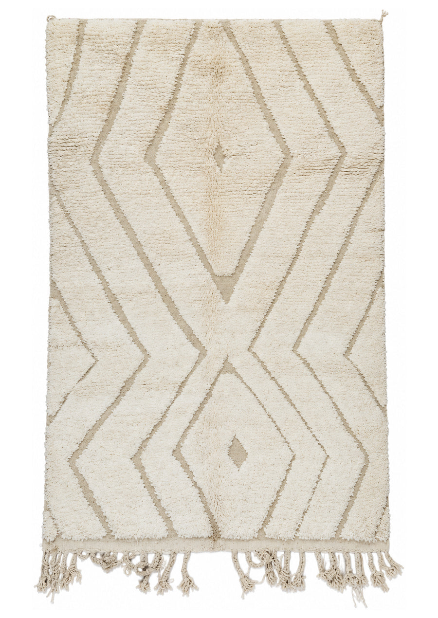 Cream and Taupe Vintage Beni Ourain Rug with Diamonds and Zigzags, 237 × 150 cm.