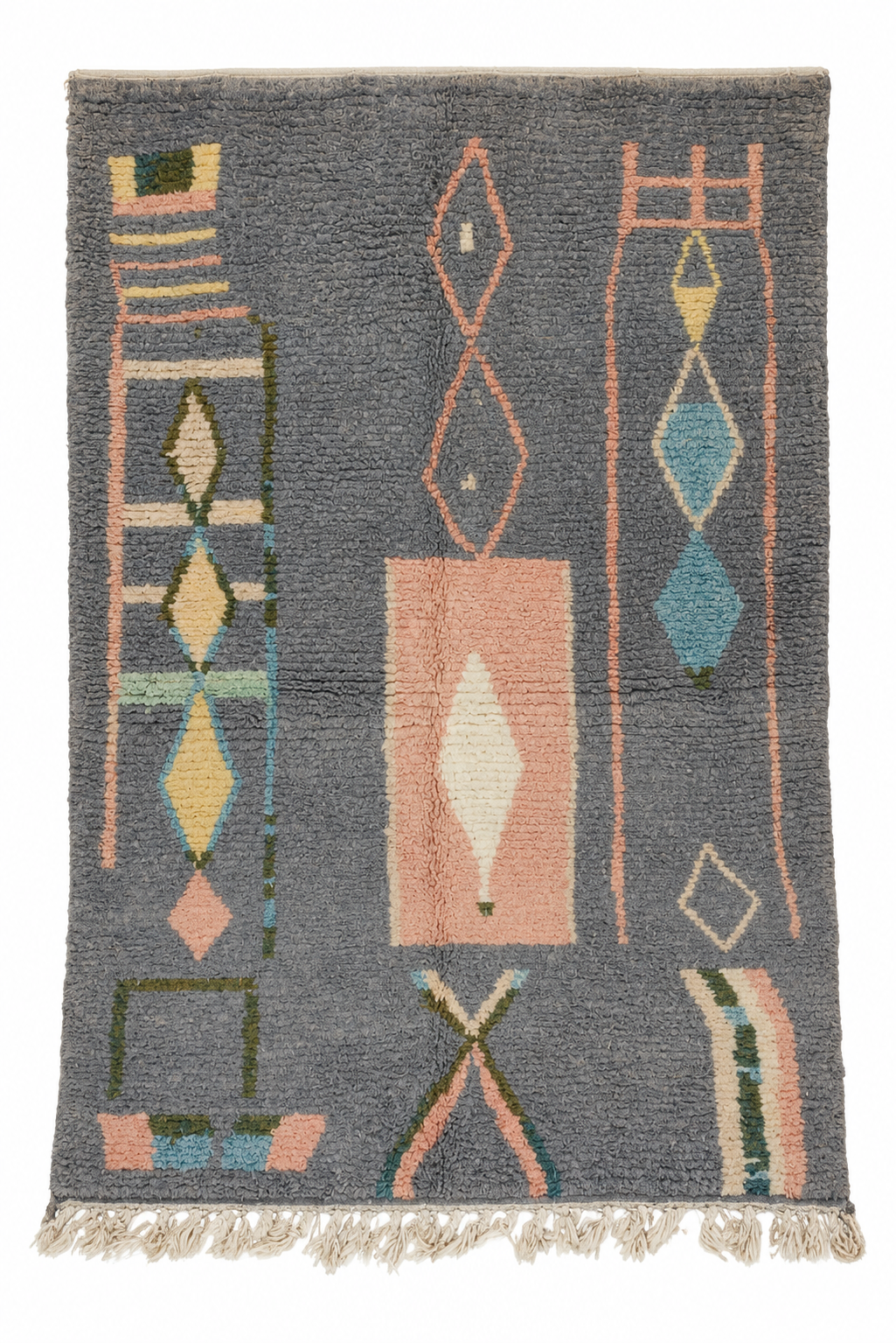 Gray Vintage Beni Ourain Rug with Pastel Symbols, 243 × 154 cm.