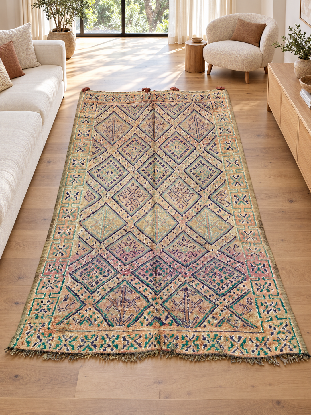 AI-generated room inspiration: Pastel Vintage Moroccan Rug with Large Diamonds, 370 × 210 cm.