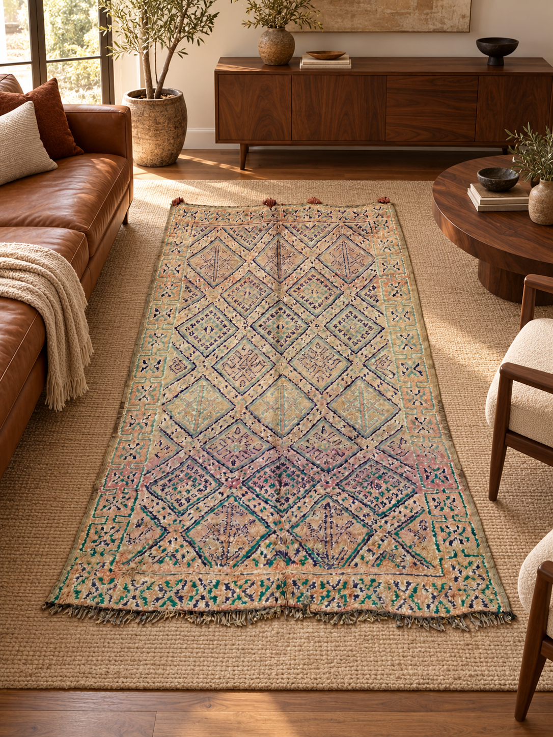 AI-generated room inspiration: Pastel Vintage Moroccan Rug with Large Diamonds, 370 × 210 cm.