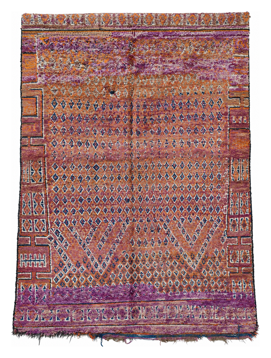 Ochre and Purple Vintage Moroccan Rug with Fine Diamond Grid, 255 × 177 cm.