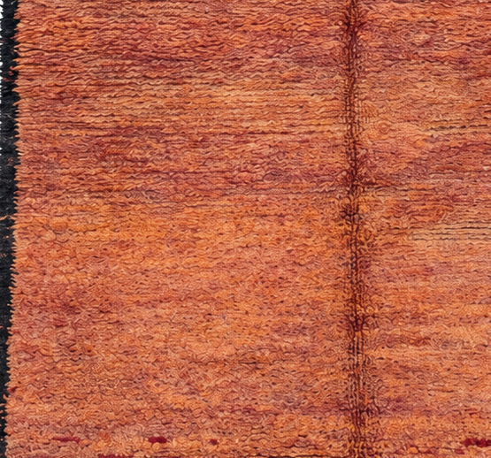 Lower edge detail of Ochre Vintage Moroccan Rug with Burgundy End Panel, 275 × 150 cm.