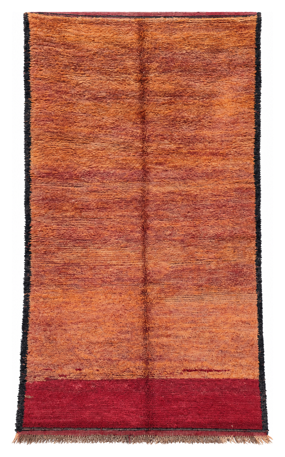 Full view of Ochre Vintage Moroccan Rug with Burgundy End Panel, 275 × 150 cm.
