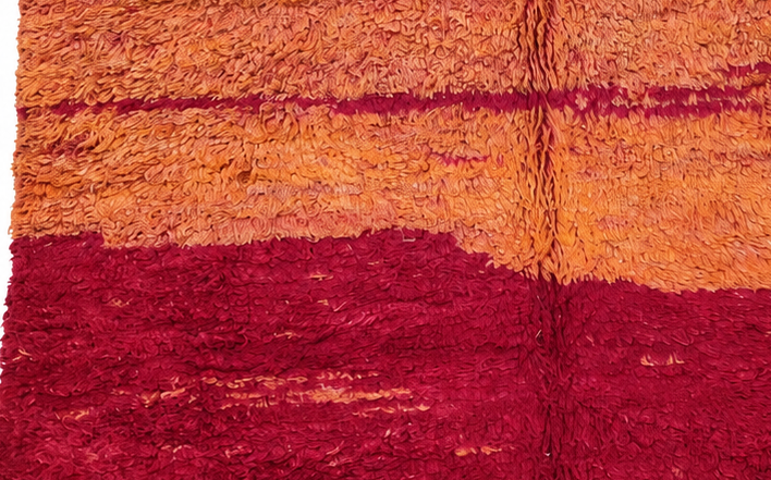 Detail of Orange Vintage Moroccan Rug with Burgundy Stripes, 250 × 200 cm.
