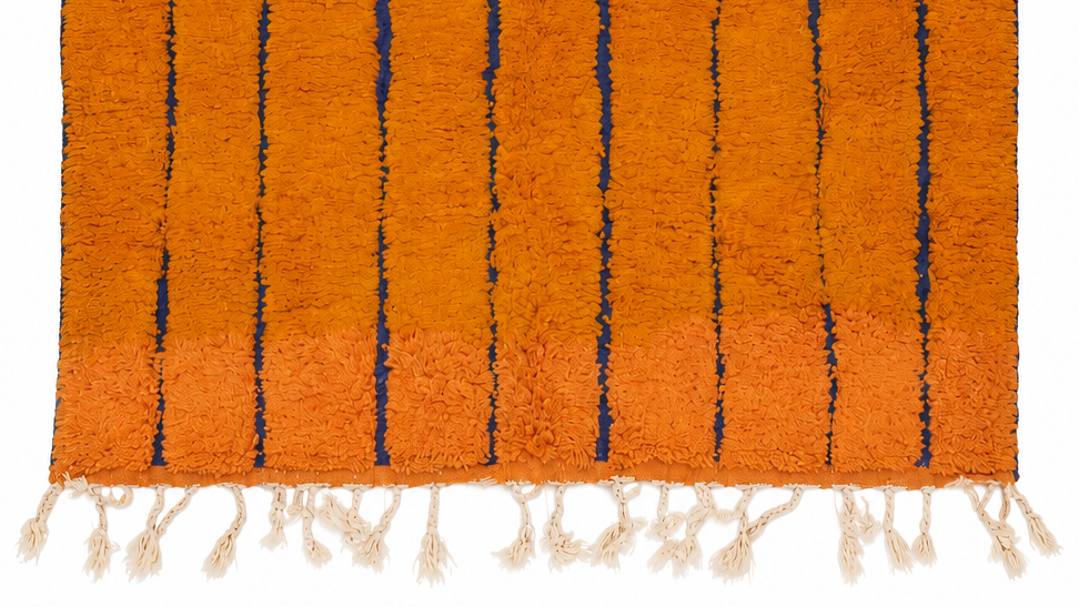 Fringe and edge detail of Orange Vintage Beni Ourain Rug with Navy Lengthwise Stripes, 304 × 190 cm.