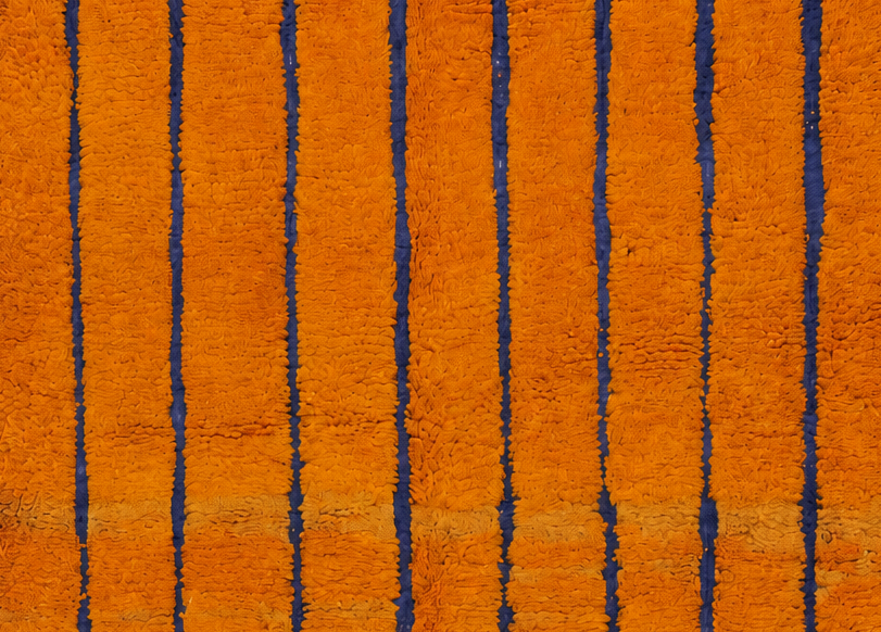 Detail of Orange Vintage Beni Ourain Rug with Navy Lengthwise Stripes, 304 × 190 cm.