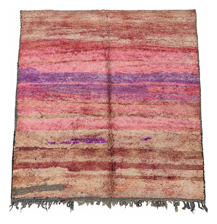 Rose and Cream Vintage Moroccan Rug with Crosswise Stripes, 240 × 220 cm.