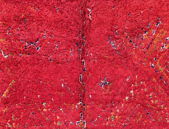 Detail of Red and Pink Vintage Moroccan Rug with Fine Lines, 320 × 220 cm.