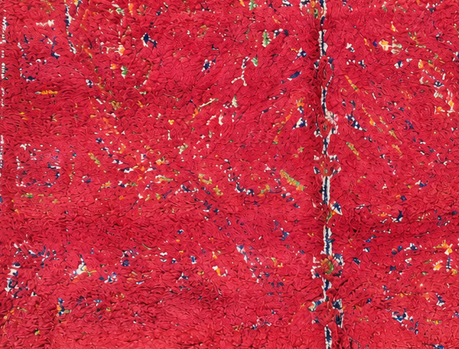Detail of Red and Pink Vintage Moroccan Rug with Fine Lines, 320 × 220 cm.