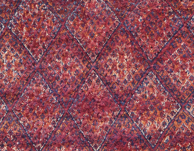 Detail of Red and Purple Vintage Moroccan Rug with Dense Diamond Grid, 281 × 196 cm.