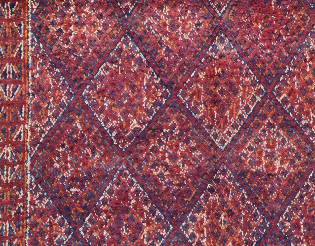 Detail of Red and Purple Vintage Moroccan Rug with Dense Diamond Grid, 281 × 196 cm.
