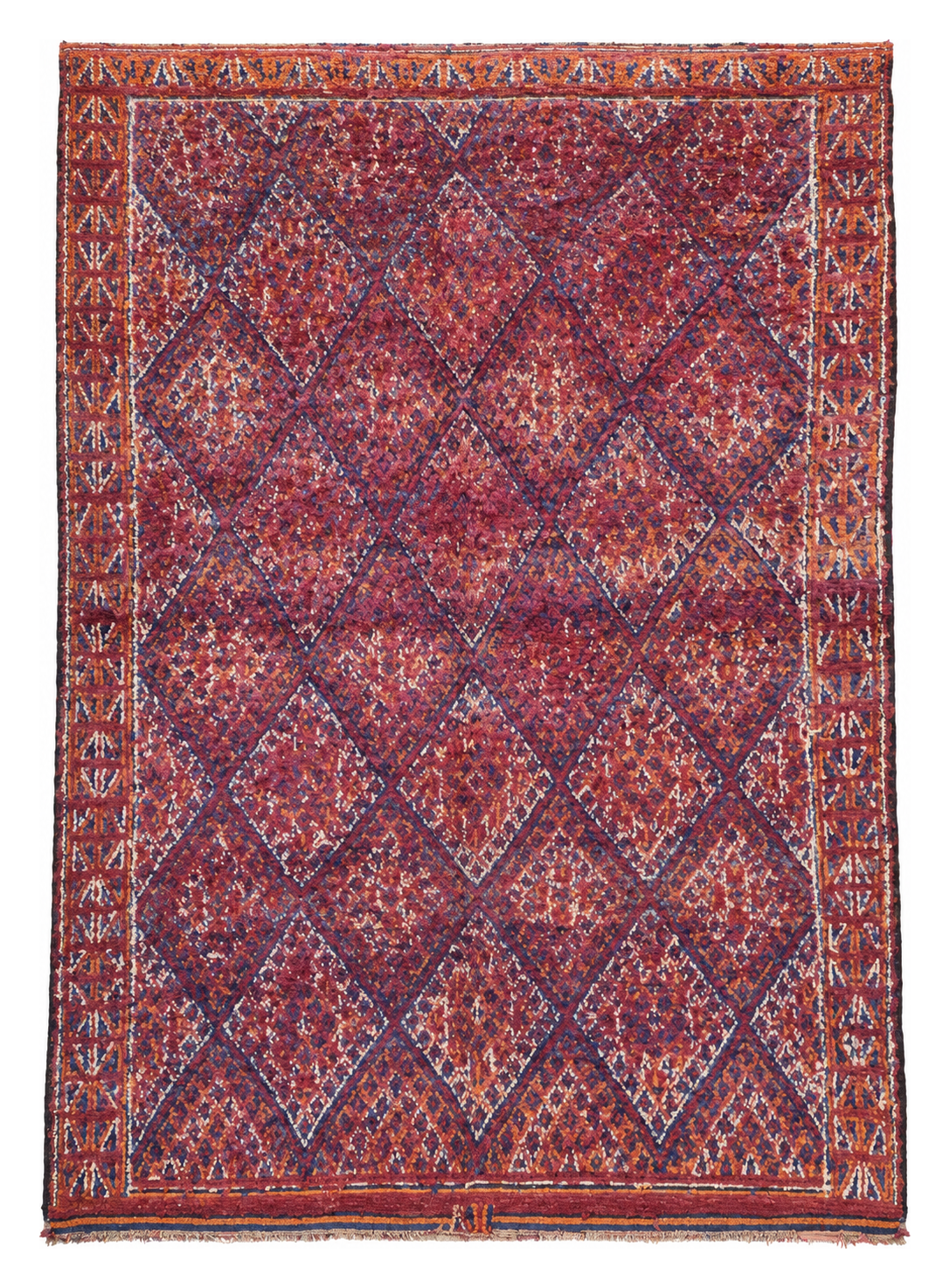 Red and Purple Vintage Moroccan Rug with Dense Diamond Grid, 281 × 196 cm.