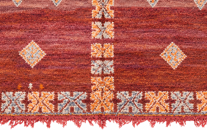 Fringe and edge detail of Terracotta Vintage Moroccan Rug with Light Symbols, 275 × 240 cm.