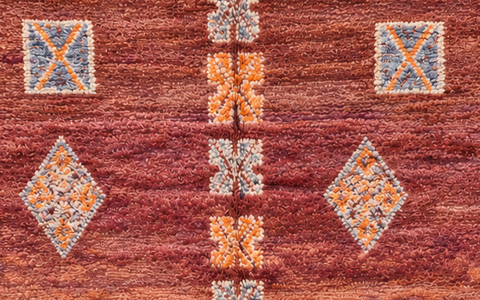 Detail of Terracotta Vintage Moroccan Rug with Light Symbols, 275 × 240 cm.