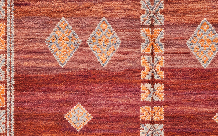 Detail of Terracotta Vintage Moroccan Rug with Light Symbols, 275 × 240 cm.