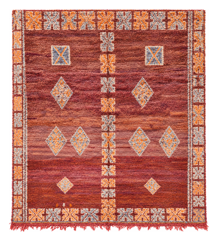 Terracotta Vintage Moroccan Rug with Light Symbols, 275 × 240 cm.