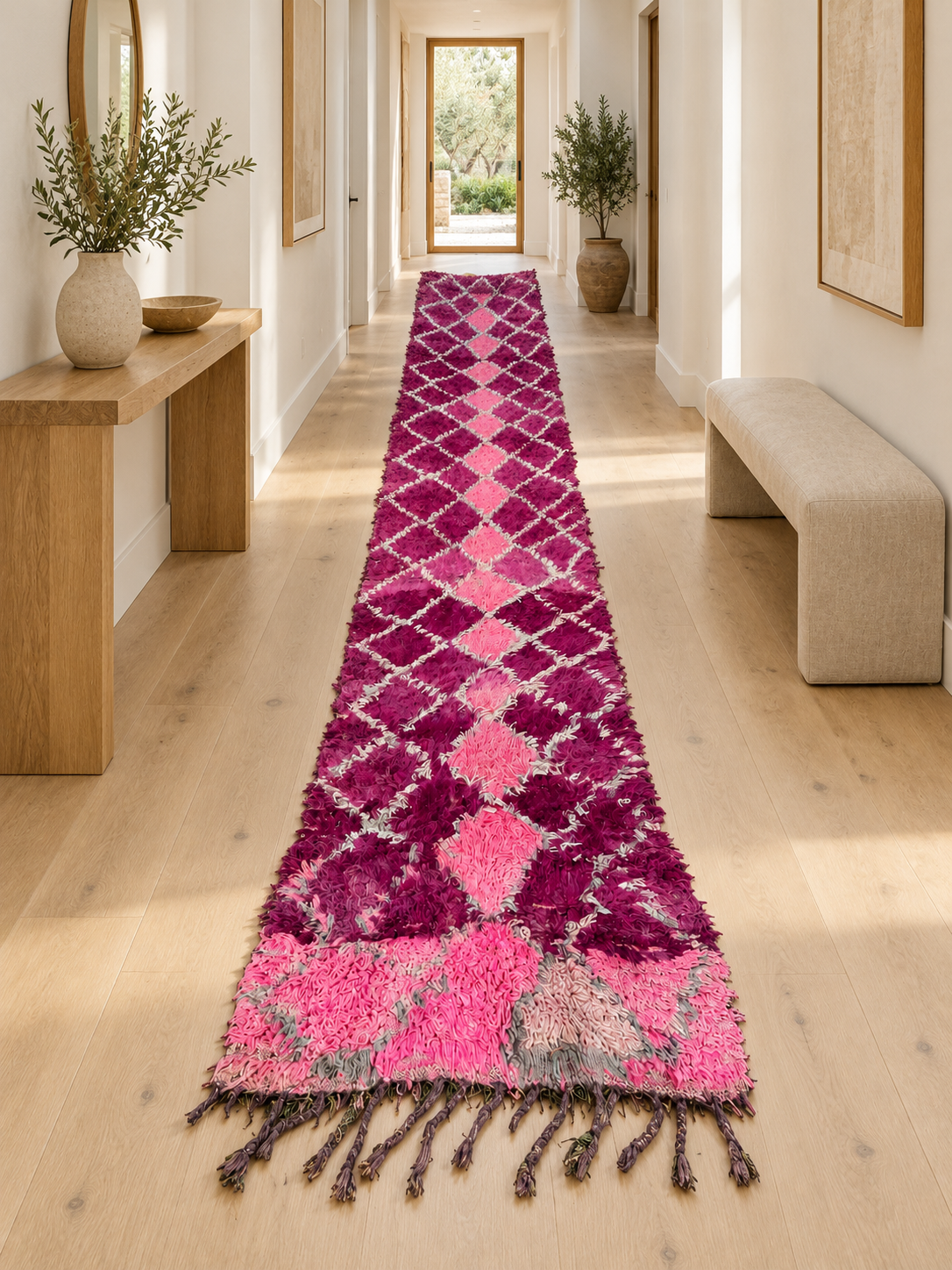 AI-generated room inspiration: Pink Vintage Moroccan Runner with Light Diamonds, 440 × 103 cm.