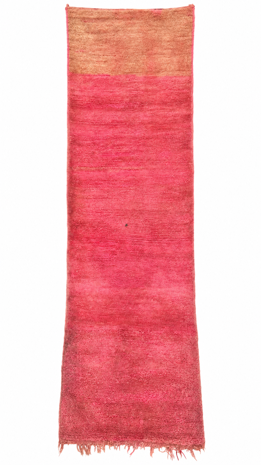 Full view of Pink Vintage Moroccan Runner with Apricot End Panel, 367 × 100 cm.
