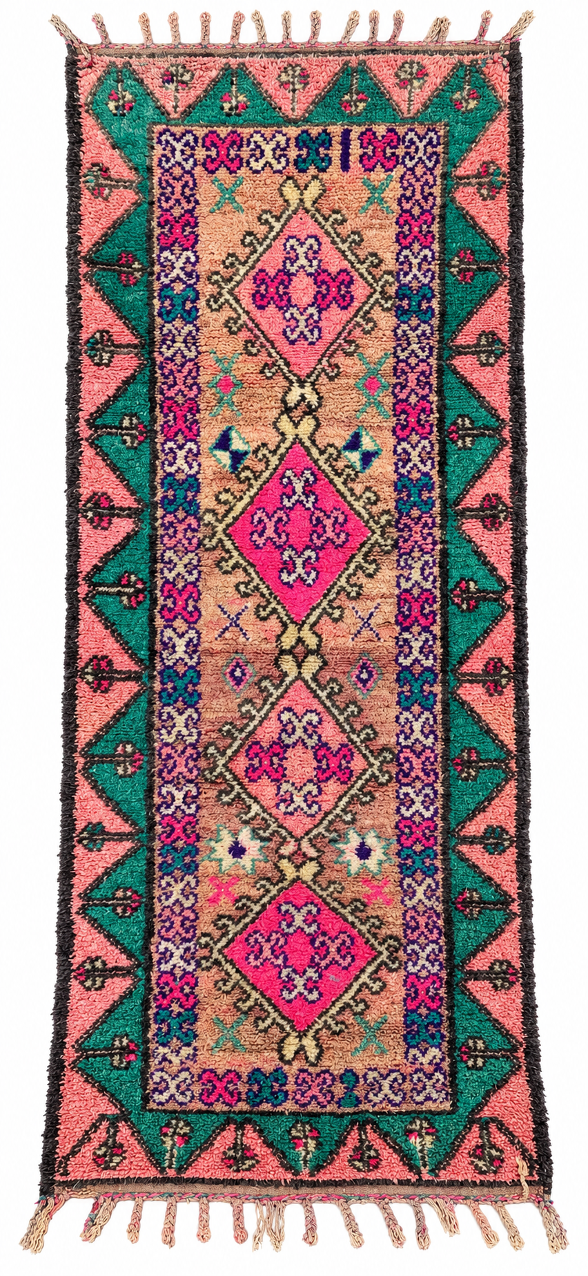 Pink and Green Vintage Moroccan Runner with Medallions, 346 × 160 cm.