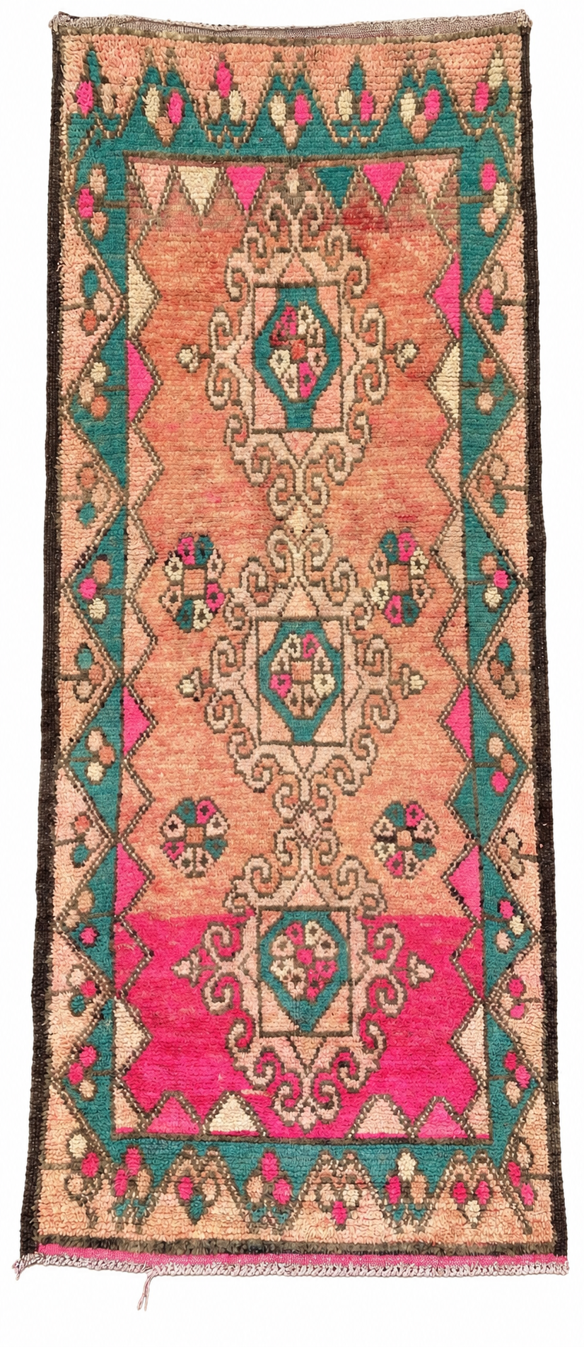 Pink and Green Vintage Moroccan Runner with Faded Medallions, 268 × 116 cm.