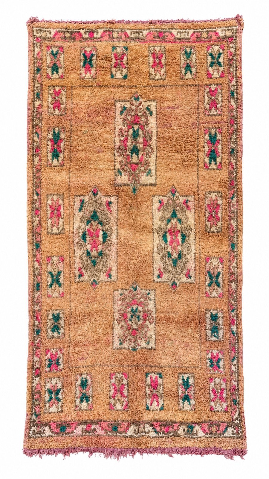 Beige Vintage Moroccan Rug with Colorful Symbol Rows, 356 × 180 cm.