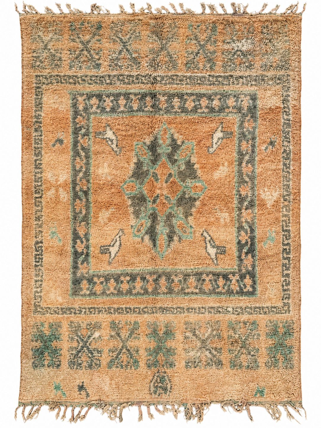 AI-assisted cutout of Beige and Turquoise Vintage Moroccan Rug with Floral Medallion, 244 × 176 cm.