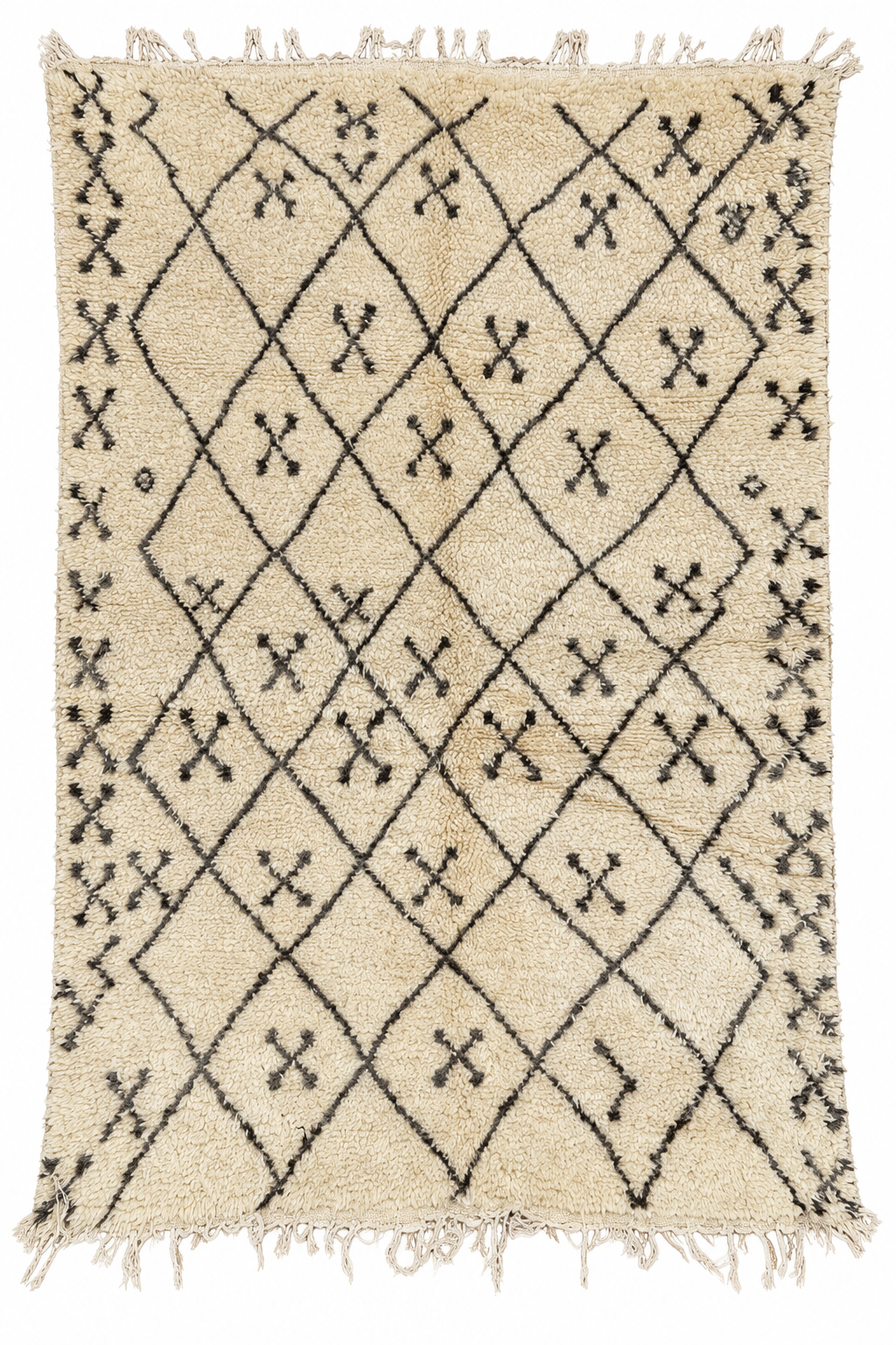 Cream and Black Vintage Moroccan Rug with Diamond Grid, 255 × 170 cm.