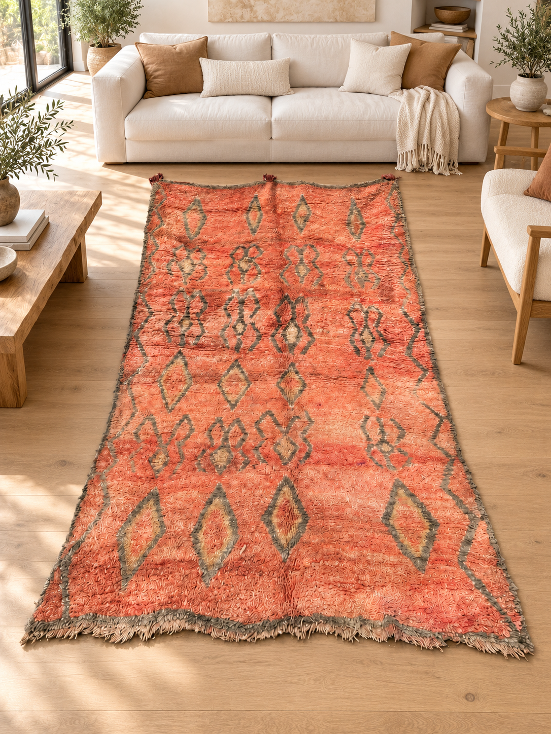 AI-generated room inspiration: Apricot Vintage Moroccan Rug with Open Diamonds, 350 × 180 cm.