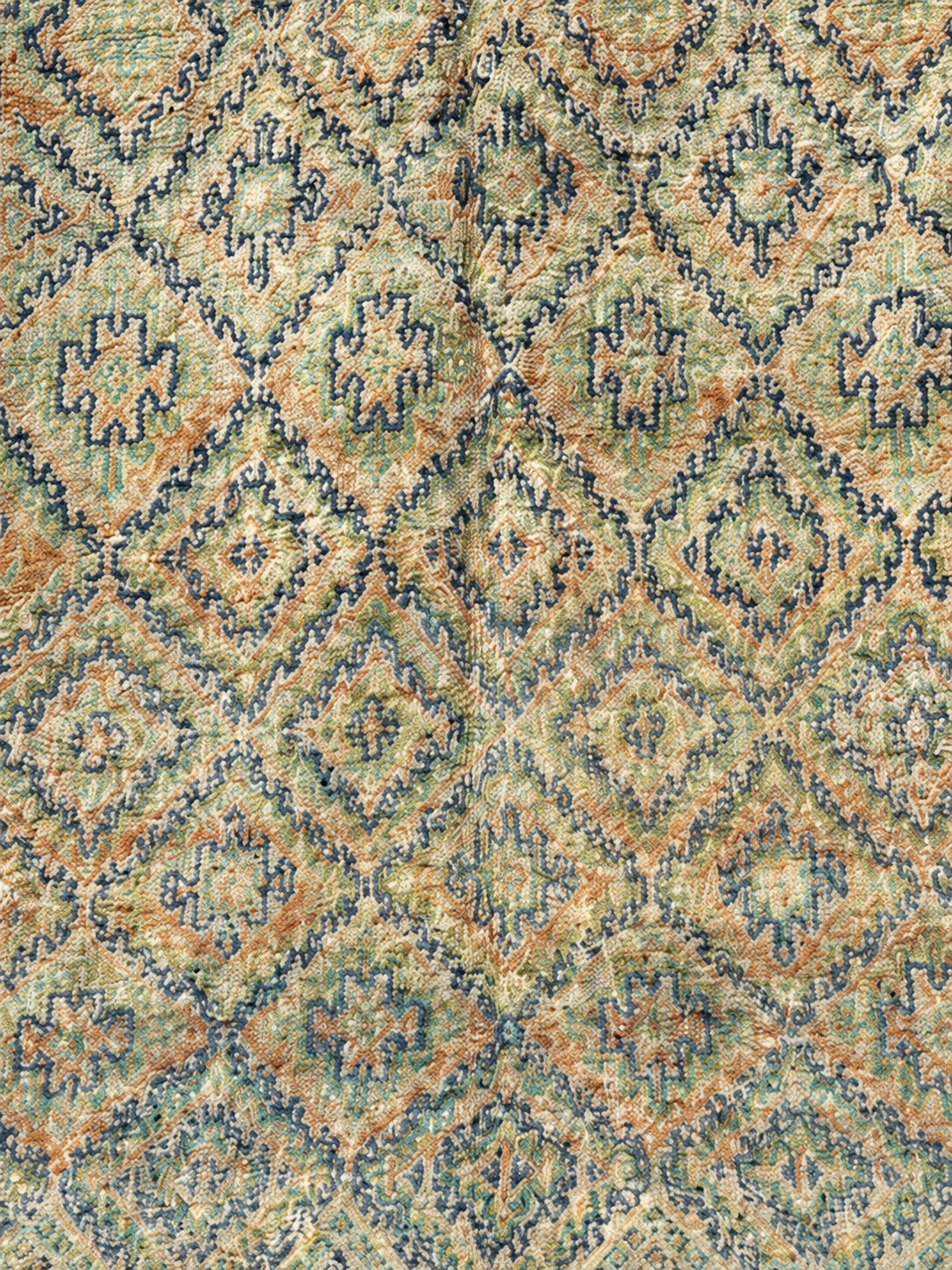Detail of Beige and Green Vintage Moroccan Rug with Diamond Grid, 360 × 210 cm.
