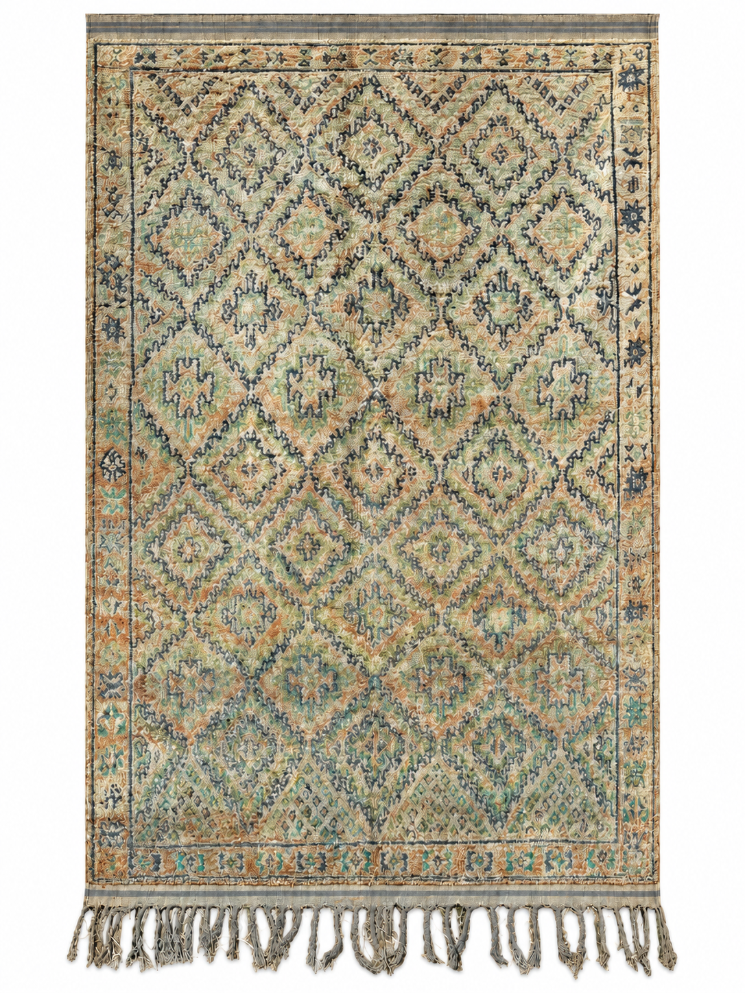 Beige and Green Vintage Moroccan Rug with Diamond Grid, 360 × 210 cm.