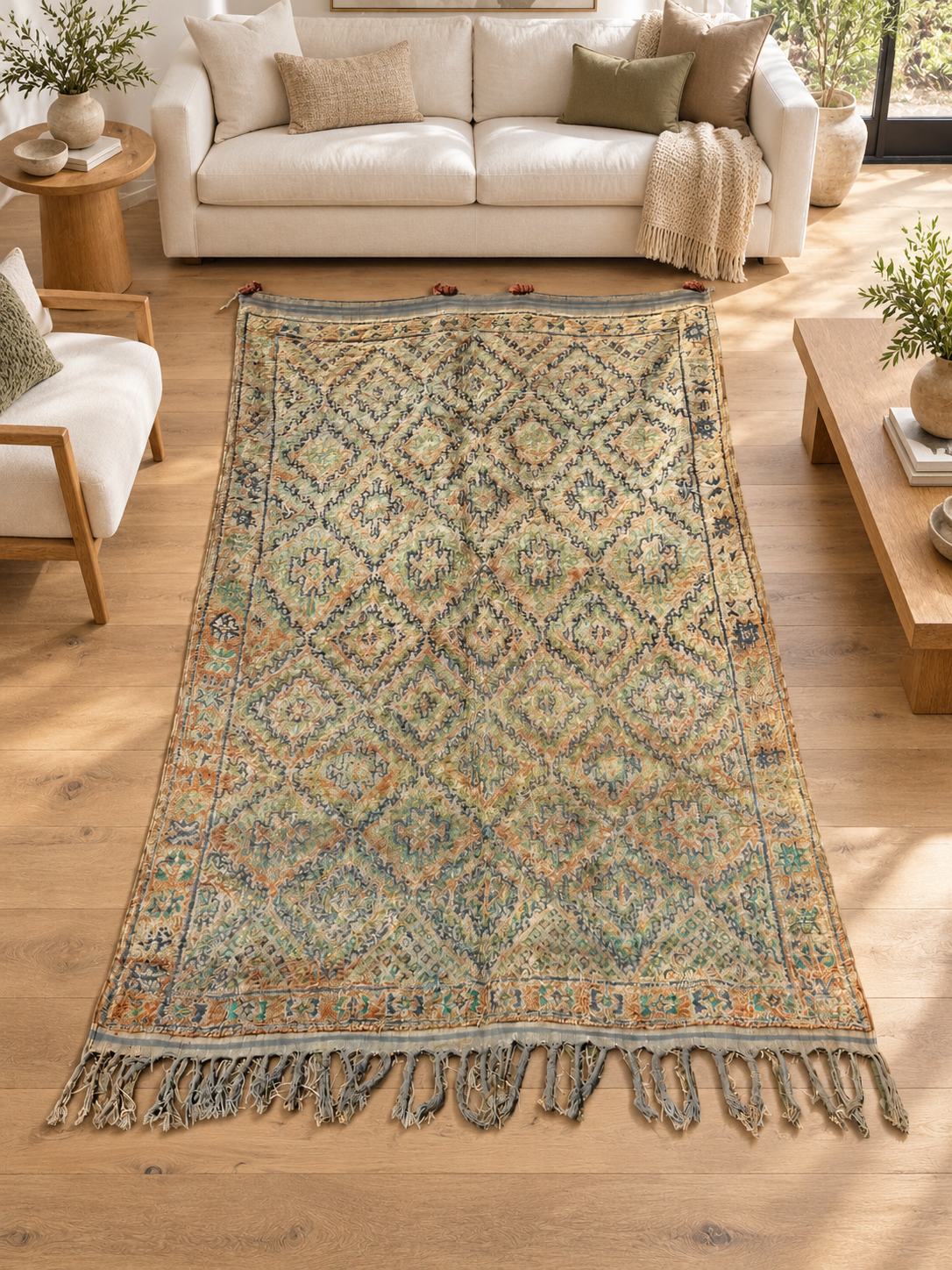 AI-generated room inspiration: Beige and Green Vintage Moroccan Rug with Diamond Grid, 360 × 210 cm.