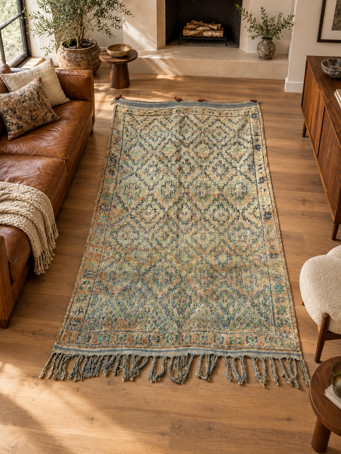AI-generated room inspiration: Beige and Green Vintage Moroccan Rug with Diamond Grid, 360 × 210 cm.