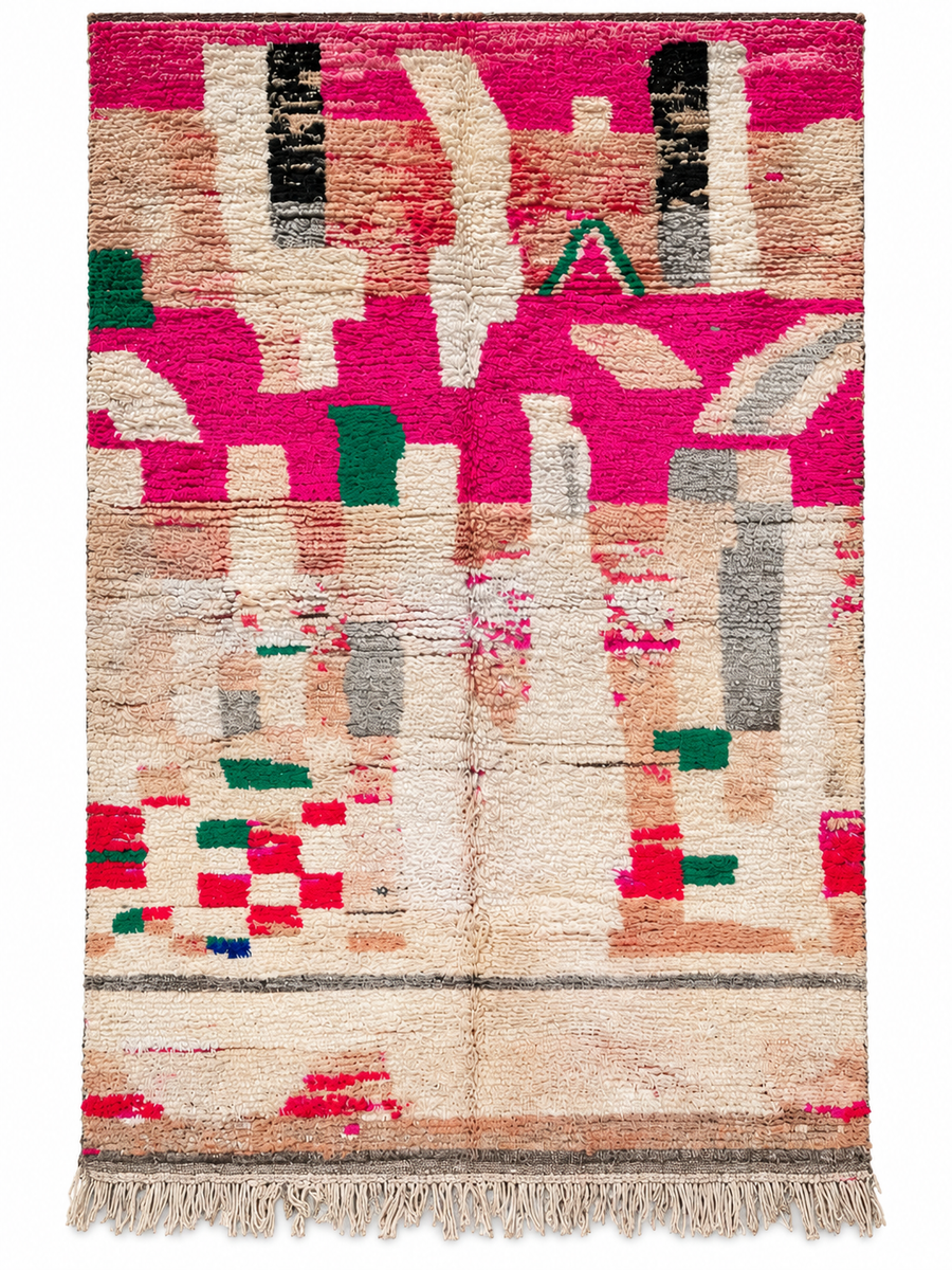 Cream and Pink Vintage Moroccan Rug with Color Blocks, 280 × 170 cm.