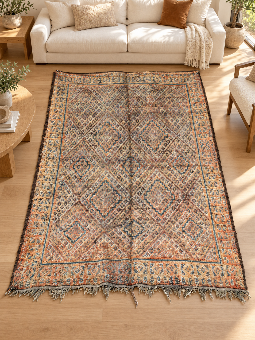 AI-generated room inspiration: Gray and Beige Vintage Moroccan Rug with Geometric Pattern, 267 × 200 cm.