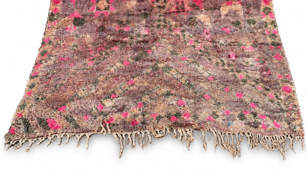 Edge detail of Gray and Pink Vintage Moroccan Rug with Faded Motifs, 316 × 190 cm.