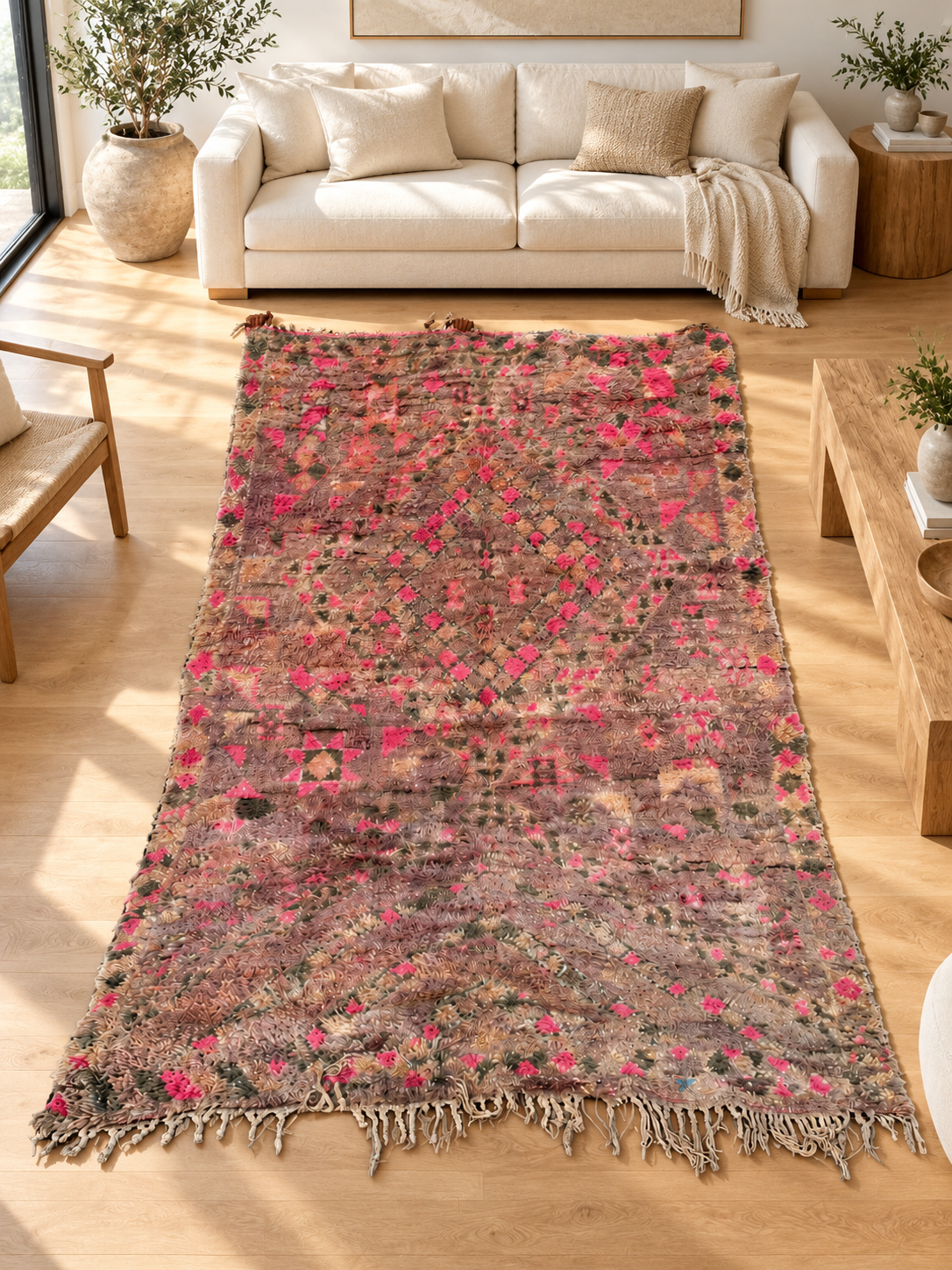 AI-generated room inspiration: Gray and Pink Vintage Moroccan Rug with Faded Motifs, 316 × 190 cm.