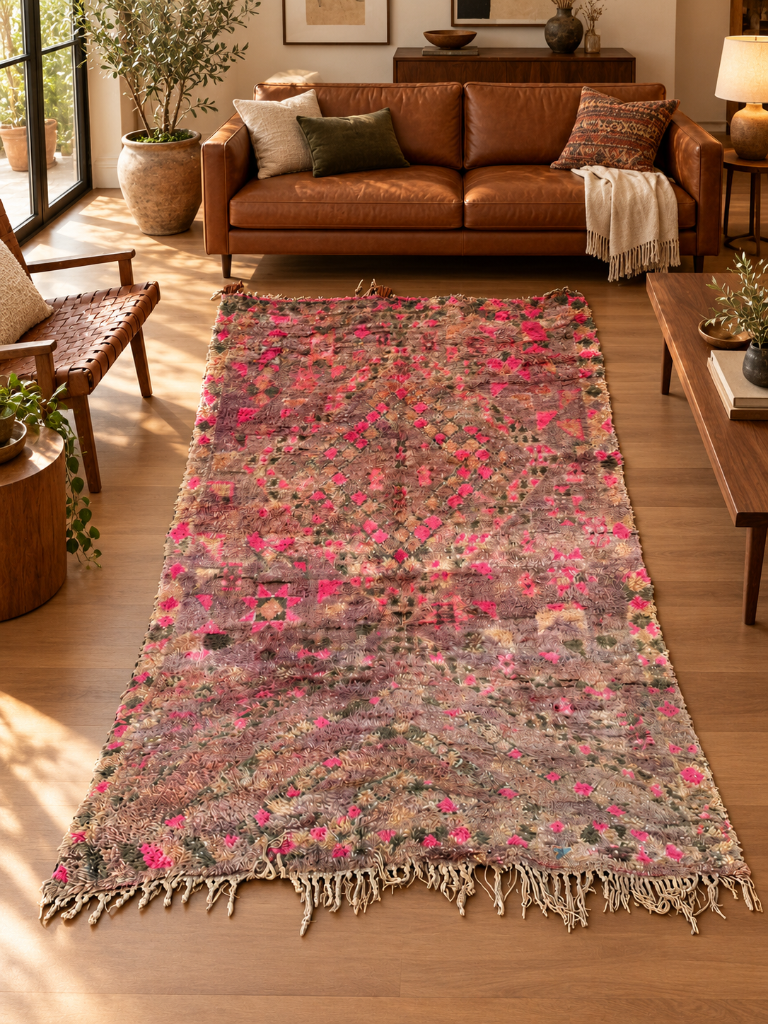 AI-generated room inspiration: Gray and Pink Vintage Moroccan Rug with Faded Motifs, 316 × 190 cm.