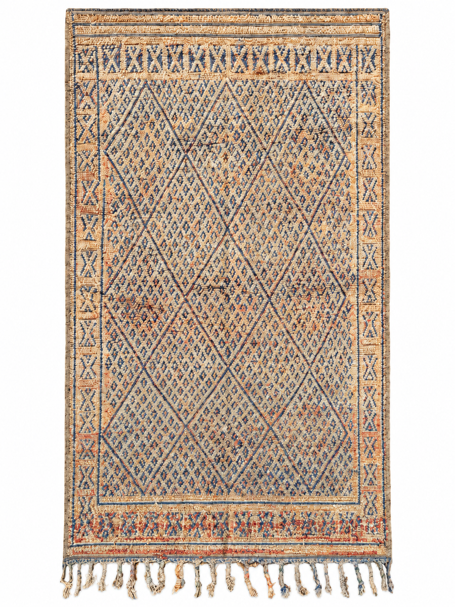 Full view of Natural-Tone Vintage Moroccan Rug with Diamond Pattern, 300 × 176 cm.