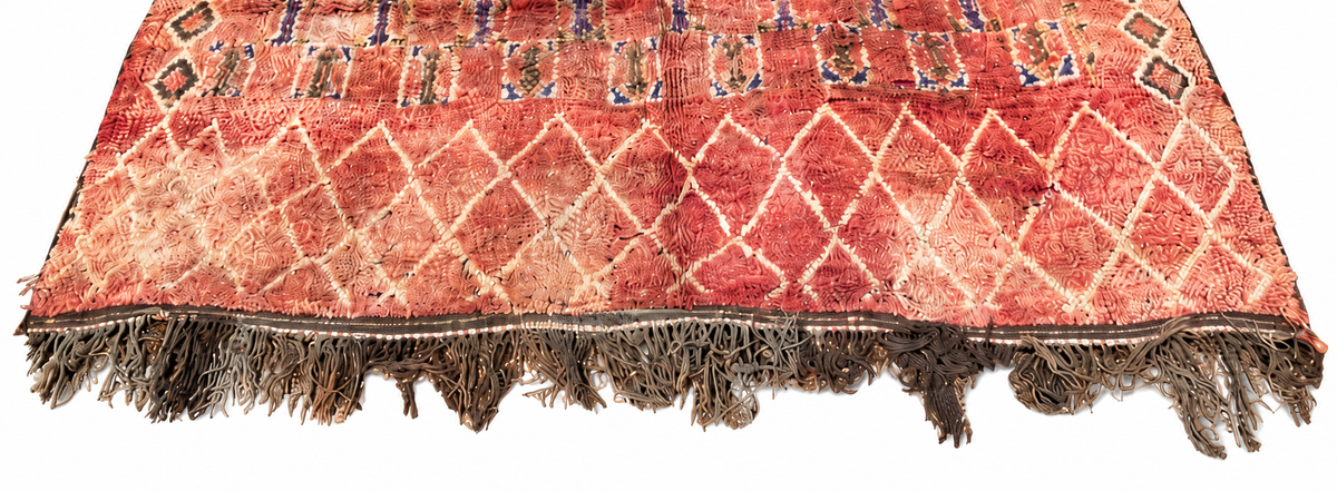 Edge detail of Purple Vintage Moroccan Rug with Light Checks, 360 × 194 cm.
