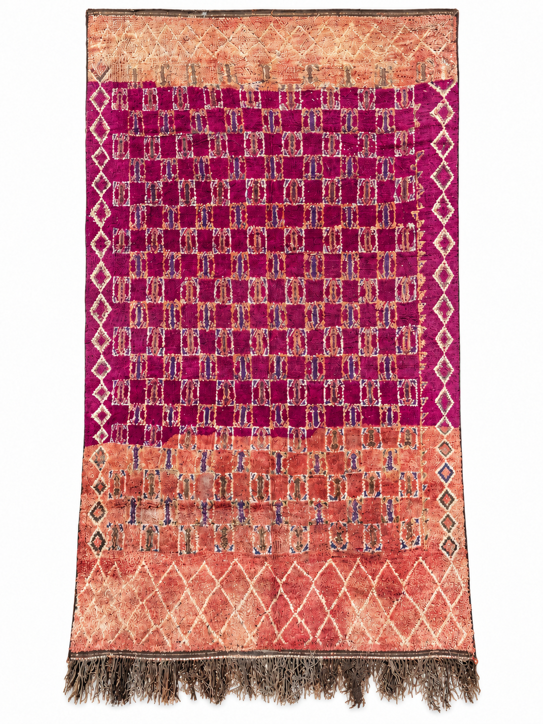 Full view of Purple Vintage Moroccan Rug with Light Checks, 360 × 194 cm.