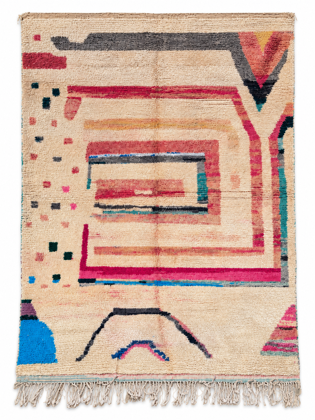 Full view of Cream Vintage Moroccan Rug with Abstract Lines, 350 × 250 cm.