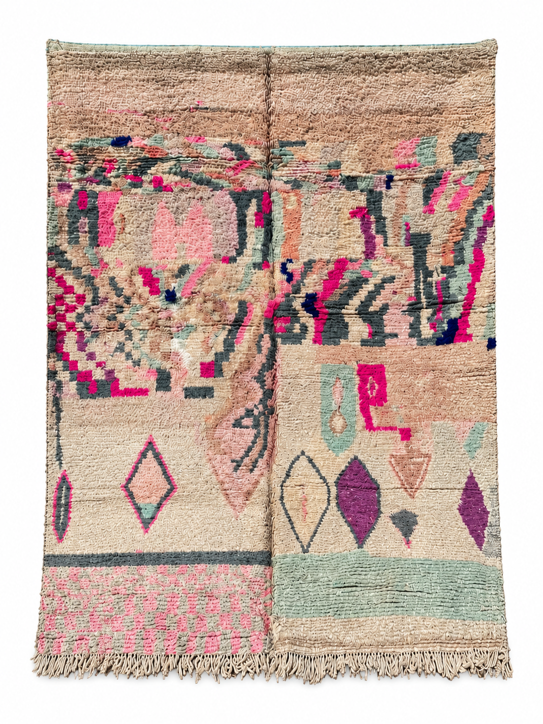 Pink and Green Vintage Moroccan Rug with Abstract Motifs, 290 × 145 cm.