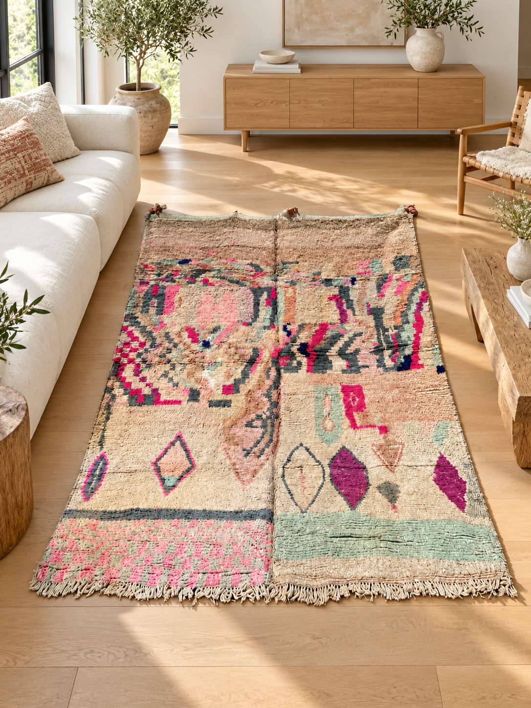 AI-generated room inspiration: Pink and Green Vintage Moroccan Rug with Abstract Motifs, 290 × 145 cm.