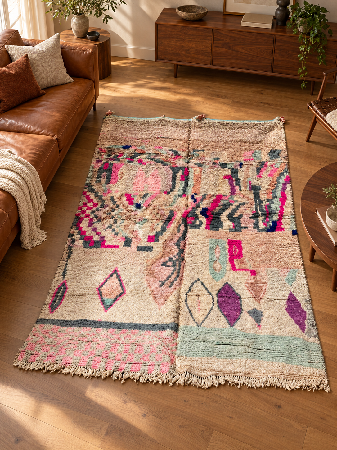 AI-generated room inspiration: Pink and Green Vintage Moroccan Rug with Abstract Motifs, 290 × 145 cm.